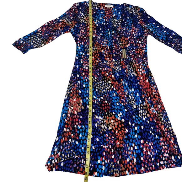 Calvin Klein Wrap-Style Multicolor Polka Dot Gold Waist Buckle Arsty Dress Sz 12 - Picture 9 of 15